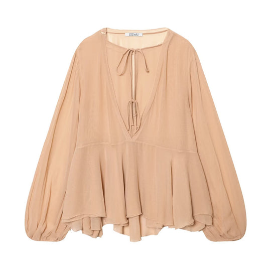 Damen Luftige Chiffon-Bluse mit tiefem V‑Ausschnitt, Bindebändern, Volantstufen und Ballonärmeln Nord Taschen