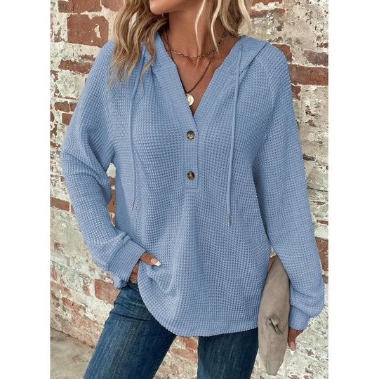 Damen Waffelstrick-Hoodie mit Henley-Knopfleiste und Oversize-Schnitt Nord Taschen