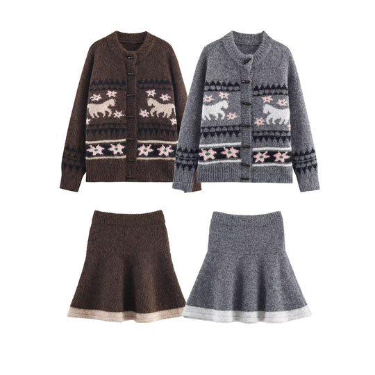 Damen Zweiteiliges Strick-Set mit Norwegermuster-Cardigan und ausgestelltem Rock Nord Taschen