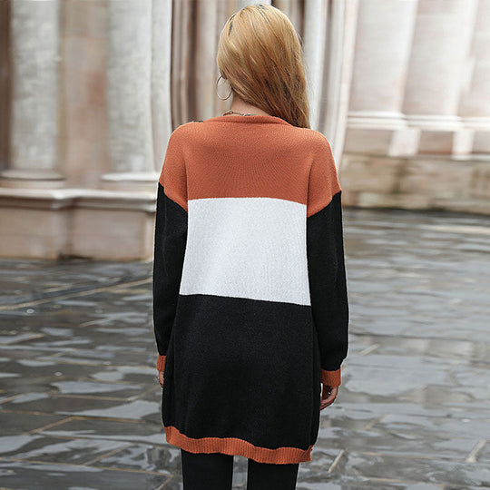 Damen Langer Relaxed-Cardigan aus weichem Feinstrick mit Farbblock‑Design und aufgesetzten Tascheneinsätzen Nord Taschen
