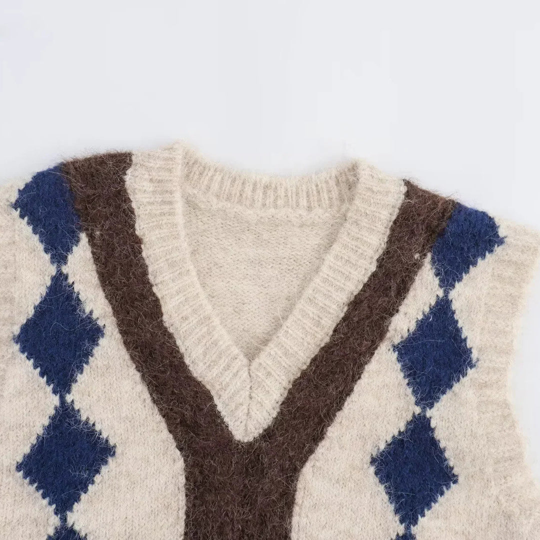 Damen Argyle-Strickweste mit V-Ausschnitt und flauschiger Mohair-Optik Nord Taschen