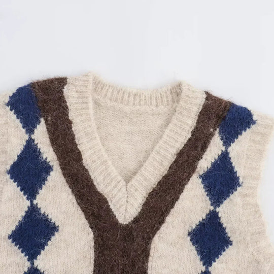 Damen Argyle-Strickweste mit V-Ausschnitt und flauschiger Mohair-Optik Nord Taschen