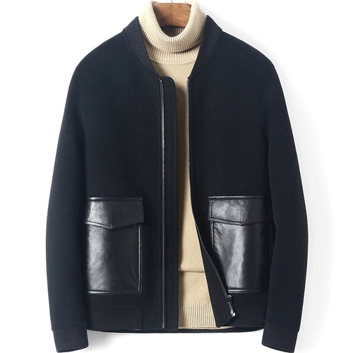 Herren Reißverschluss-Wollmix-Jacke mit Lederkragen und schlanker Silhouette Nord Taschen