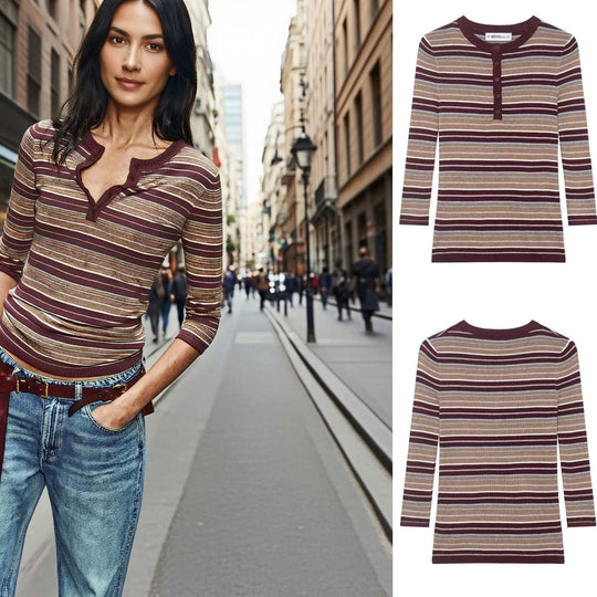 Damen Rippstrick-Longsleeve mit Henley-Knopfleiste und feinem Streifenmuster Nord Taschen