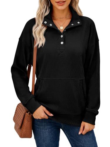 Damen Waffelstrick-Pullover mit Stehkragen, Druckknopfleiste und Kängurutasche Nord Taschen