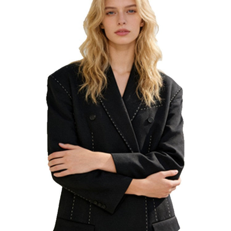 Damen Doppelreihiger Oversize-Mantelblazer mit markanter Schulterpartie & Ziersteppungen Nord Taschen