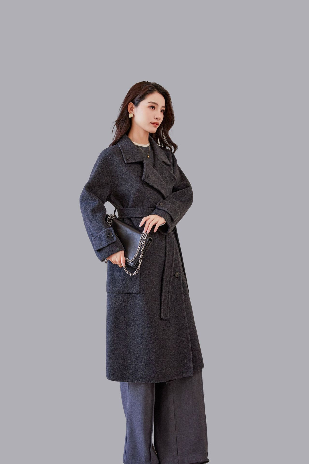 Damen Oversize Wollmantel mit Bindegürtel und weitem Revers Nord Taschen