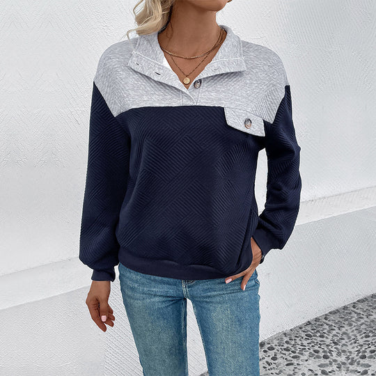 Damen Texturierter Colorblock-Sweatshirtpullover mit Hemdkragen, Knopfdetail und Strukturstrick Nord Taschen