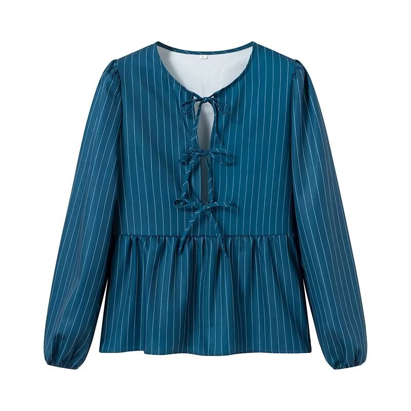 Damen Gestreifte Peplum‑Bluse mit vorderer Schnürung und langen Ballonärmeln Nord Taschen