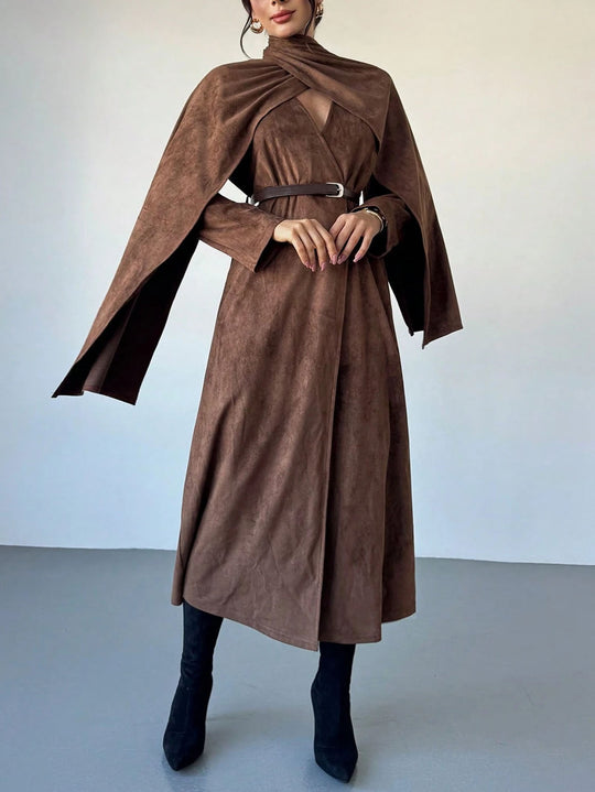 Damen Mantel mit Cape-Overlay und Wickelkragen aus Velourslederoptik Nord Taschen