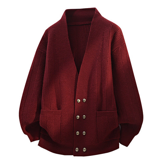 Damen Oversize Strickcardigan mit Schalkragen, doppelreihiger Knopfleiste & Eingrifftaschen Nord Taschen