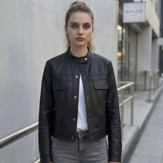 Damen Kurz geschnittene Lederjacke mit Stehkragen und Pattentaschen Nord Taschen