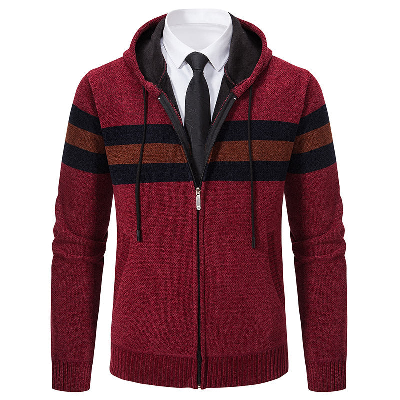 Herren Gestrickte Kapuzen-Strickjacke mit Kontraststreifen und Reißverschluss Nord Taschen