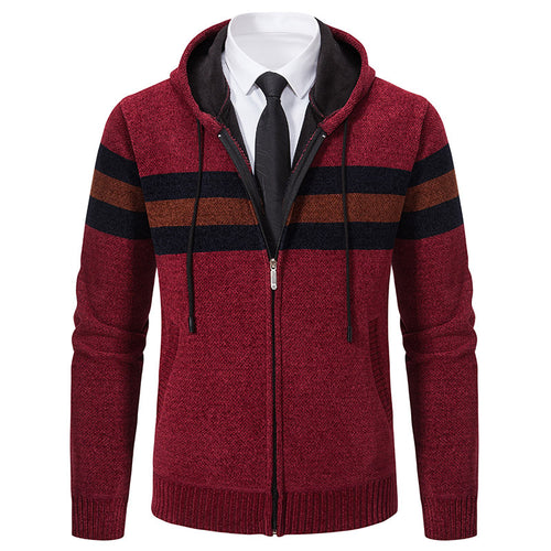 Herren Gestrickte Kapuzen-Strickjacke mit Kontraststreifen und Reißverschluss Nord Taschen
