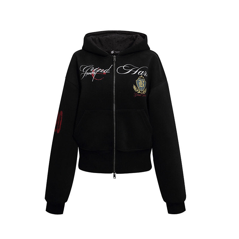 Damen Kurz geschnittene Zip-Hoodie aus French Terry mit gepunkteter Kapuzenfütterung und Wappen-Stick Nord Taschen