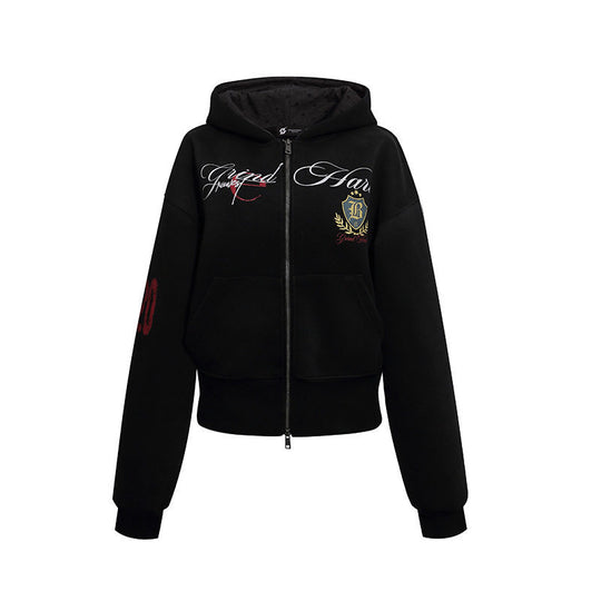 Damen Kurz geschnittene Zip-Hoodie aus French Terry mit gepunkteter Kapuzenfütterung und Wappen-Stick Nord Taschen