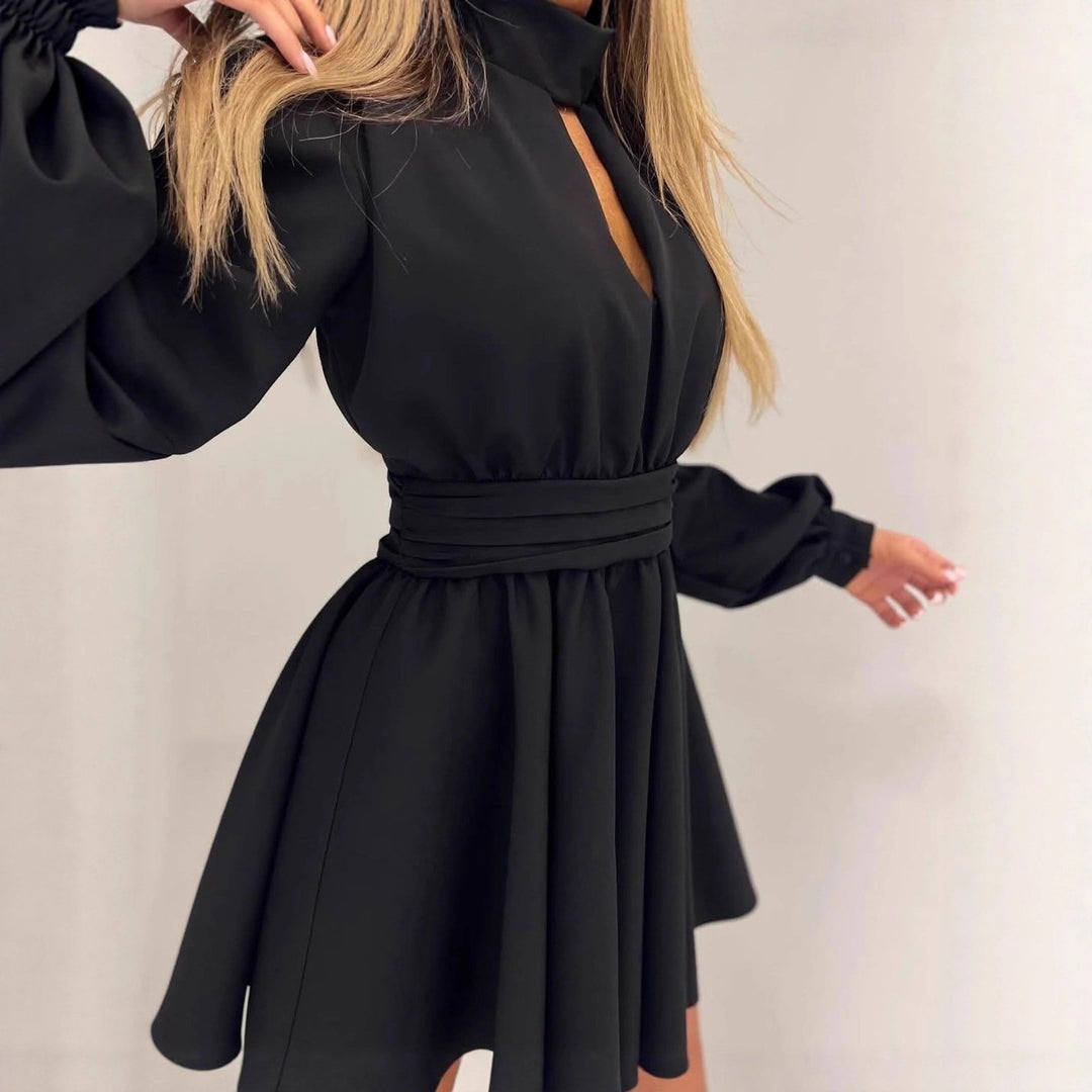Damen Elegantes Kurzkleid mit Stehkragen, Cut-Out, weitem Glockenrock und Taillenschärpe Nord Taschen