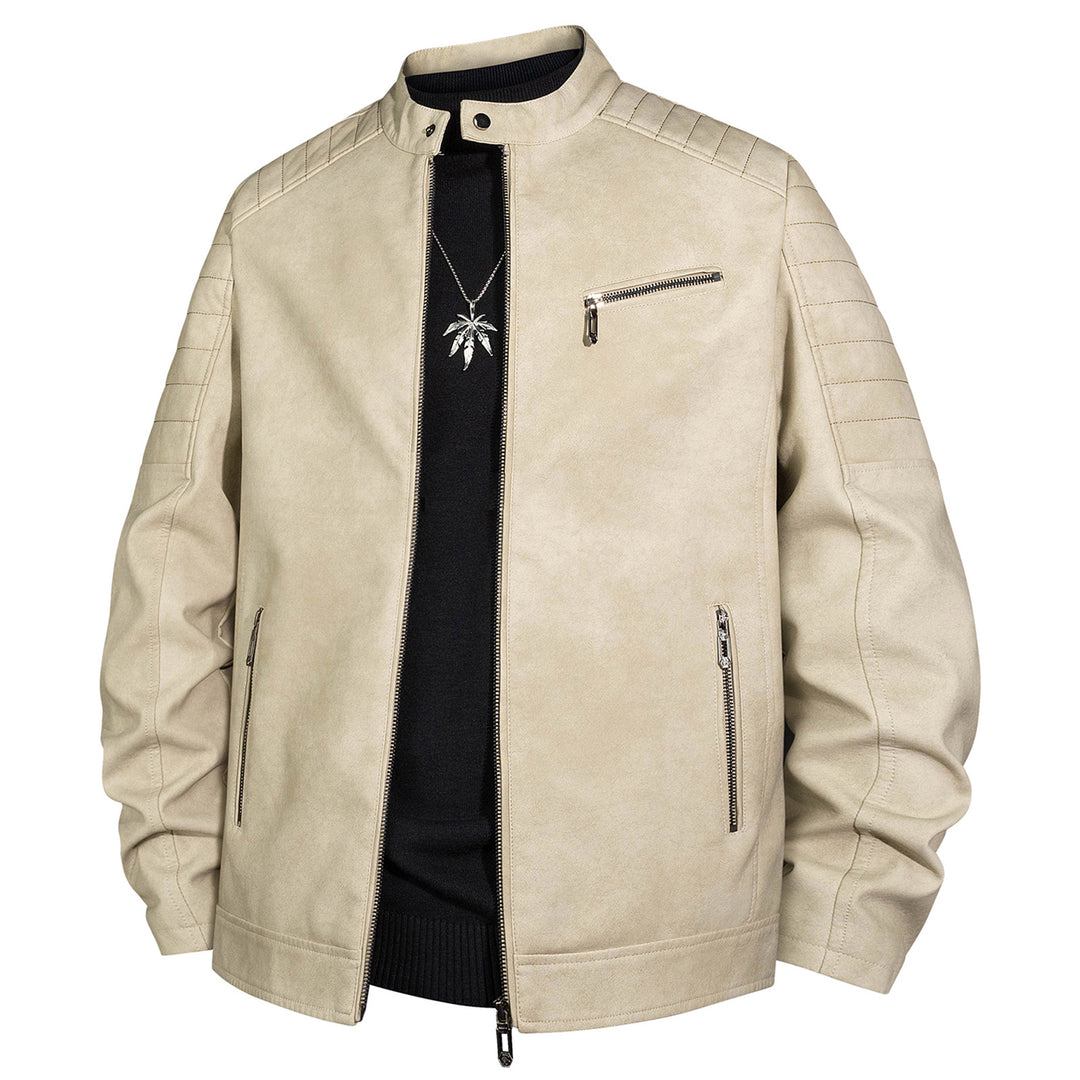 Herren Bikerjacke aus Kunstleder mit Stehkragen und gesteppter Schulter Nord Taschen