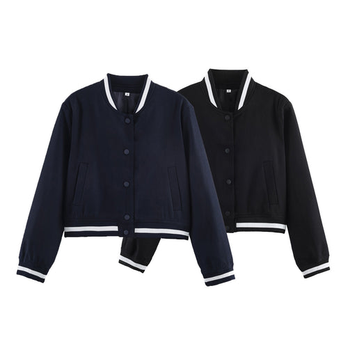 Damen Varsity‑Bomberjacke im Cropped‑Boxy‑Schnitt mit gestreiften Rippbündchen Nord Taschen