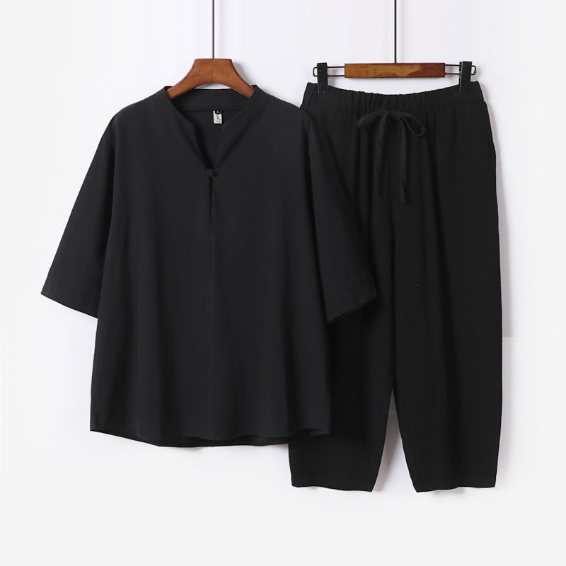 Damen Leichtes Leinen-Baumwoll-Loungewear-Set mit Stehkragen, Dreiviertelärmeln und Gummizugbundhose Nord Taschen