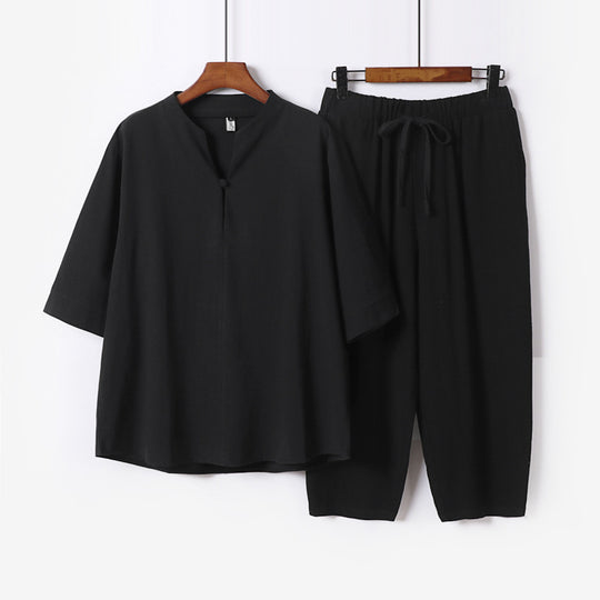 Damen Leichtes Leinen-Baumwoll-Loungewear-Set mit Stehkragen, Dreiviertelärmeln und Gummizugbundhose Nord Taschen