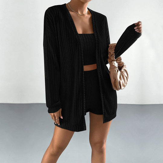 Damen gerippter Lounge-Zweiteiler mit offenem Longcardigan, tailliertem Bustier-Top und High‑Waist-Shorts Nord Taschen