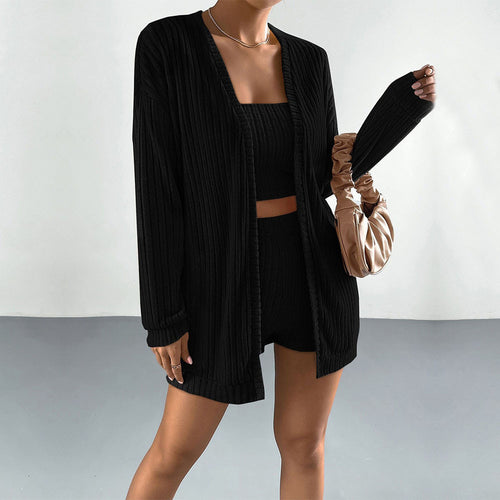 Damen gerippter Lounge-Zweiteiler mit offenem Longcardigan, tailliertem Bustier-Top und High‑Waist-Shorts Nord Taschen
