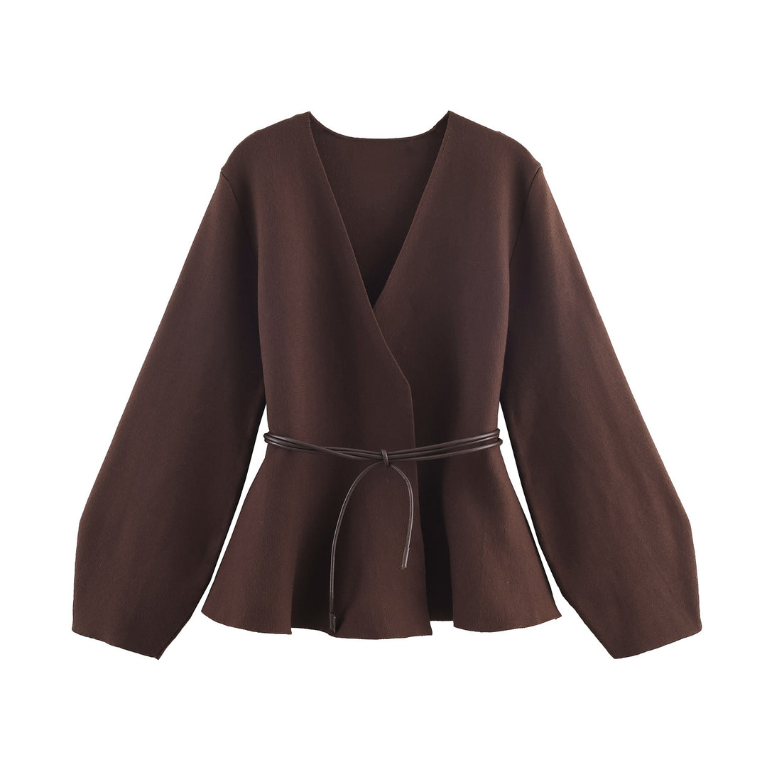 Damen 100+ Wickelcardigan mit Taillengürtel, Ballonärmeln und ausgestelltem Saum Nord Taschen