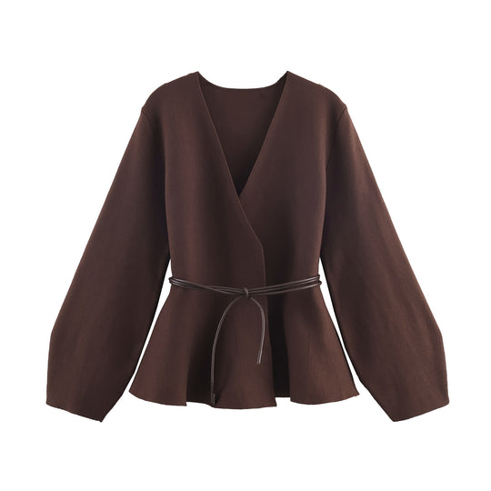 Damen 100+ Wickelcardigan mit Taillengürtel, Ballonärmeln und ausgestelltem Saum Nord Taschen