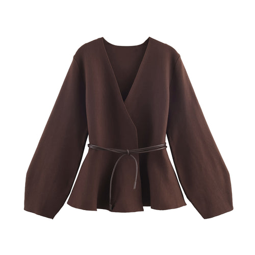 Damen 100+ Wickelcardigan mit Taillengürtel, Ballonärmeln und ausgestelltem Saum Nord Taschen