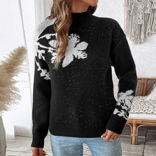 Damen Floraler Intarsia-Strickpullover mit Stehkragen und lockerer Silhouette Nord Taschen