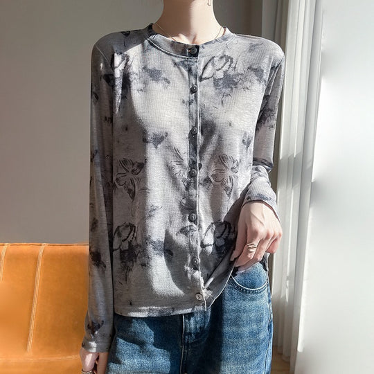Damen Leichter Aquarell‑Print Feinstrick‑Cardigan mit Rundhalsausschnitt und Knopfleiste Nord Taschen
