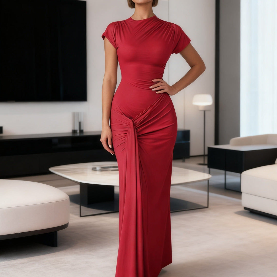 Damen Elegantes Langarm Maxi-Kleid mit Drapierung und figurformendem Schnitt