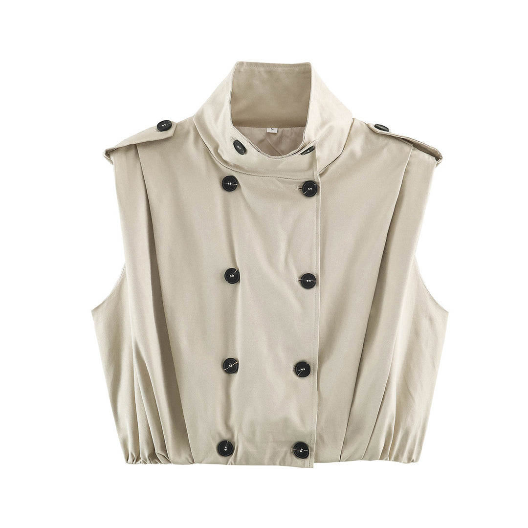 Damen Cropped Trench‑Weste ohne Ärmel mit doppelreihiger Knopfleiste und Epauletten Nord Taschen