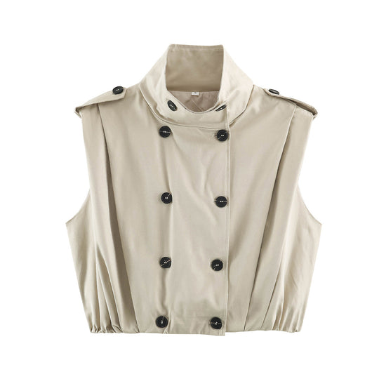 Damen Cropped Trench‑Weste ohne Ärmel mit doppelreihiger Knopfleiste und Epauletten Nord Taschen