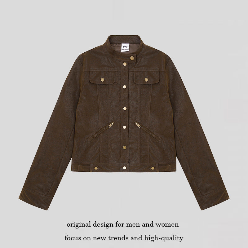 Damen Kurz geschnittene Kunstlederjacke im Vintage-Moto-Stil Nord Taschen
