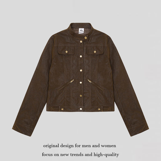 Damen Kurz geschnittene Kunstlederjacke im Vintage-Moto-Stil Nord Taschen