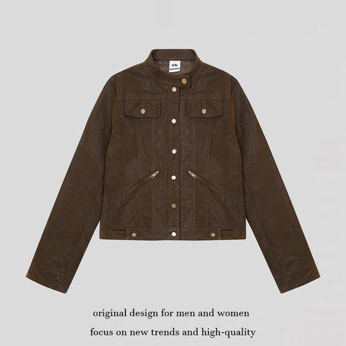Damen Kurz geschnittene Kunstlederjacke im Vintage-Moto-Stil Nord Taschen