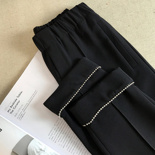 Damen Hochtaillierte Bundfaltenhose mit elastischem Bund und perlenbesetztem Saum Nord Taschen