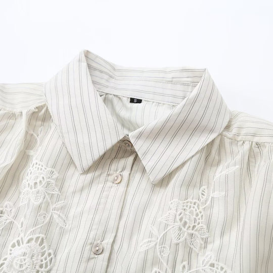 Damen Gestreifte Bluse mit zarter Spitzenstickerei und 3/4‑Ballonärmel Nord Taschen