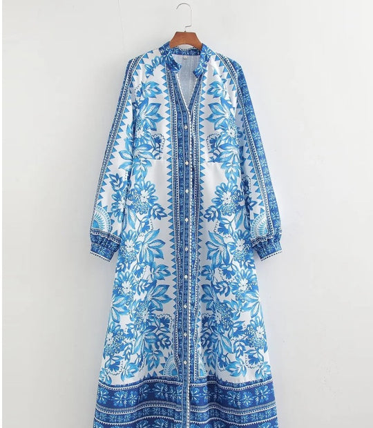 Damen 70+ langes Boho‑Maxikleid mit floralem Print, durchgehender Knopfleiste und gerafften Ärmelbündchen Nord Taschen