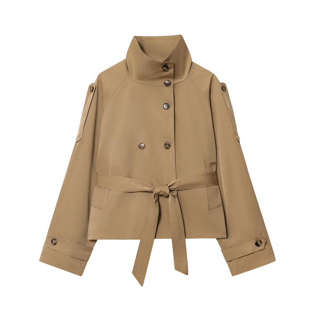 Damen 10+ Cropped Doppelreihige Kurzjacke mit Stehkragen und Taillengürtel Nord Taschen