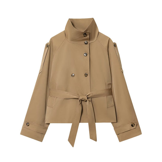 Damen 10+ Cropped Doppelreihige Kurzjacke mit Stehkragen und Taillengürtel Nord Taschen