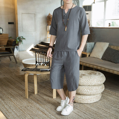 Herren Leichtes Leinen-Relax-Set mit dreiviertelärmeliger Tunika und verkürzter Culotte-Hose Nord Taschen