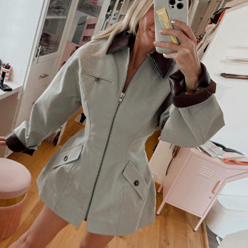 Damen Oversize-Jacke aus Lederoptik mit kontrastierendem Hemdkragen und Reißverschluss Nord Taschen