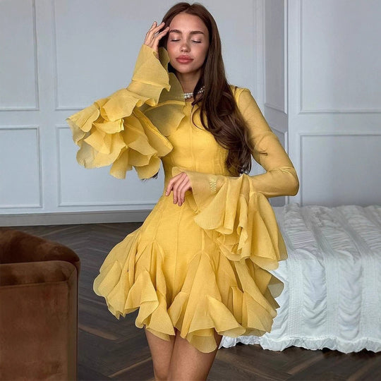 Damen Rüschen‑Chiffon‑Minikleid mit Volants und transparenten Ärmeln Nord Taschen