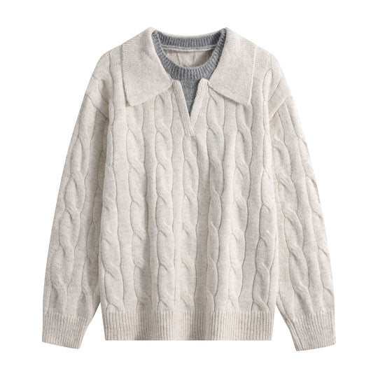 Damen Oversize Grobstrick-Pullover mit Polokragen und Zopfmuster Nord Taschen