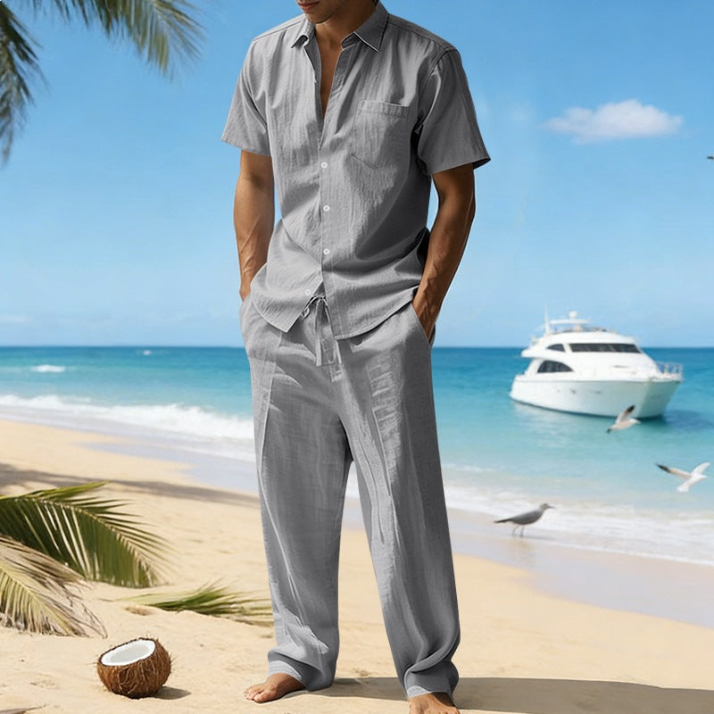 Herren nan resort-taugliches Kurzarm-Hemd mit Brusttasche und lässiger Leinen-Kordelhose