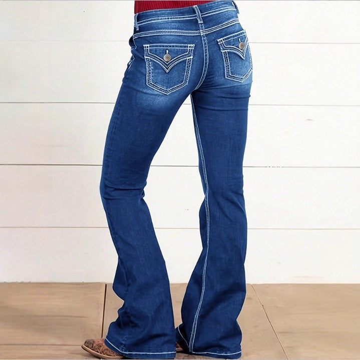Damen Hochtaillierte Flared-Jeans mit dekorativen Metallknöpfen und Kontraststeppung Nord Taschen