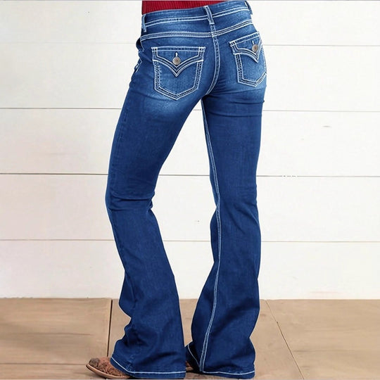 Damen Hochtaillierte Flared-Jeans mit dekorativen Metallknöpfen und Kontraststeppung Nord Taschen